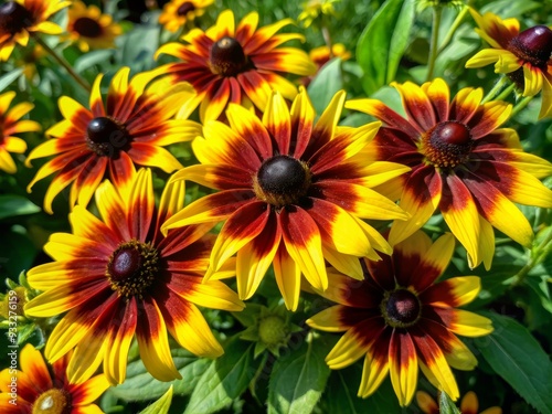 Vibrant rudbeckia flowers with bright yellow petals and dark centers bloom amidst lush green foliage, leaving ample copy space for autumnal designs and compositions.