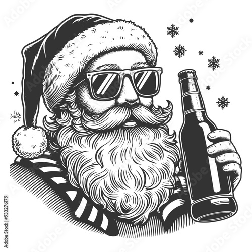Santa Claus wearing sunglasses and drinking beer from a bottle festive character sketch engraving generative ai vector illustration. Scratch board imitation. Black and white image.