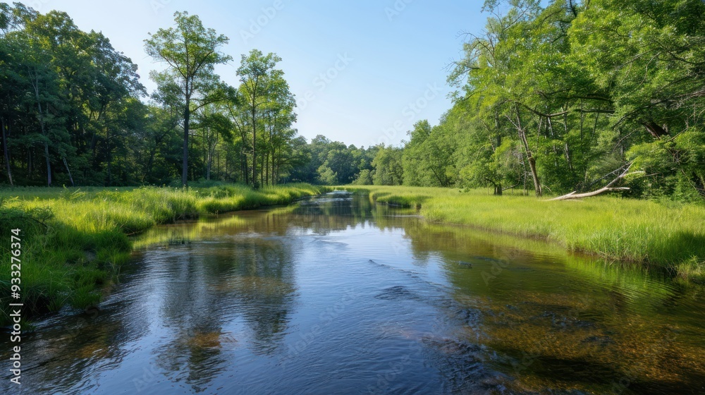 A quiet river winding through a lush forest A quiet river winding through a lush forest