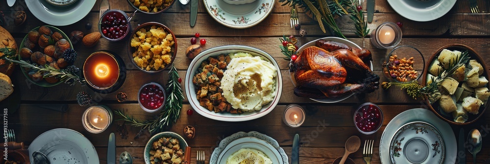 Fototapeta premium An overhead shot of a Thanksgiving buffet table, featuring turkey, mashed potatoes, gravy, cranberry sauce, and stuffing