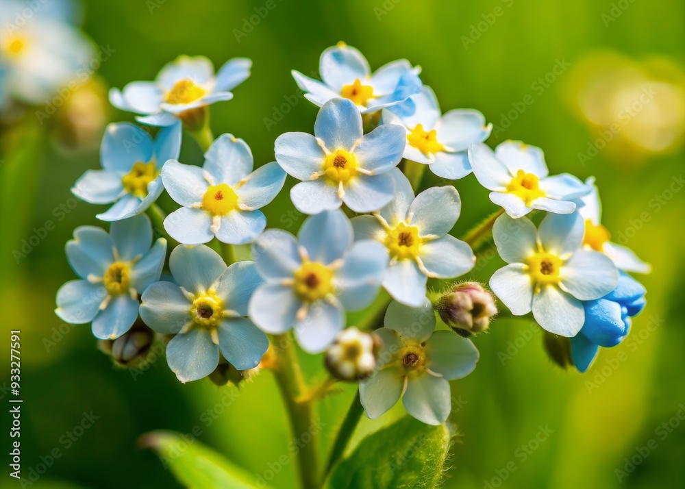 Delicate, vibrant blue forget-me-not flowers with bright yellow centers bloom in a lush green landscape, showcasing intricate details in stunning close-up macro photography. Delicate, vibrant blue forget-me-not flowers with bright yellow centers bloom in a lush green landscape, showcasing intricate details in stunning close-up macro photography.