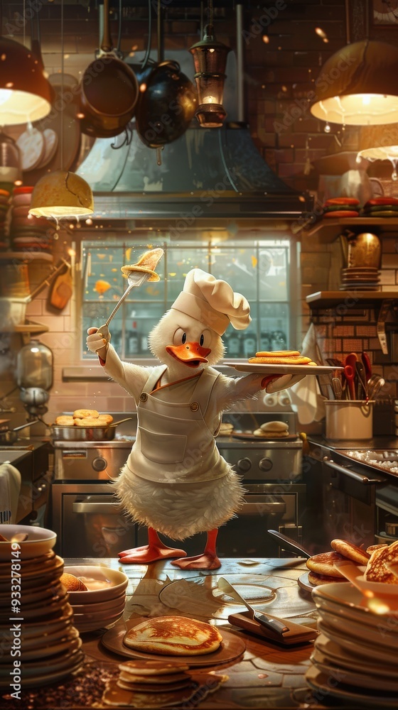 Obraz premium A cartoon duck chef is holding a spatula and serving pancakes