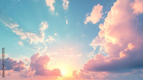 A picture of a sunset with pink and white clouds in a blue sky.