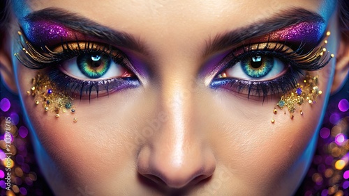 Vibrant close-up of mesmerizing eyes with lustrous irises, thick lashes, and a hint of sparkle, conveying emotions and intensity in a striking portrait. photo