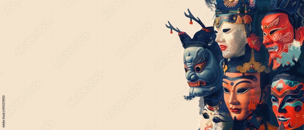 A group of Asian masks are displayed in a row A group of Asian masks are displayed in a row