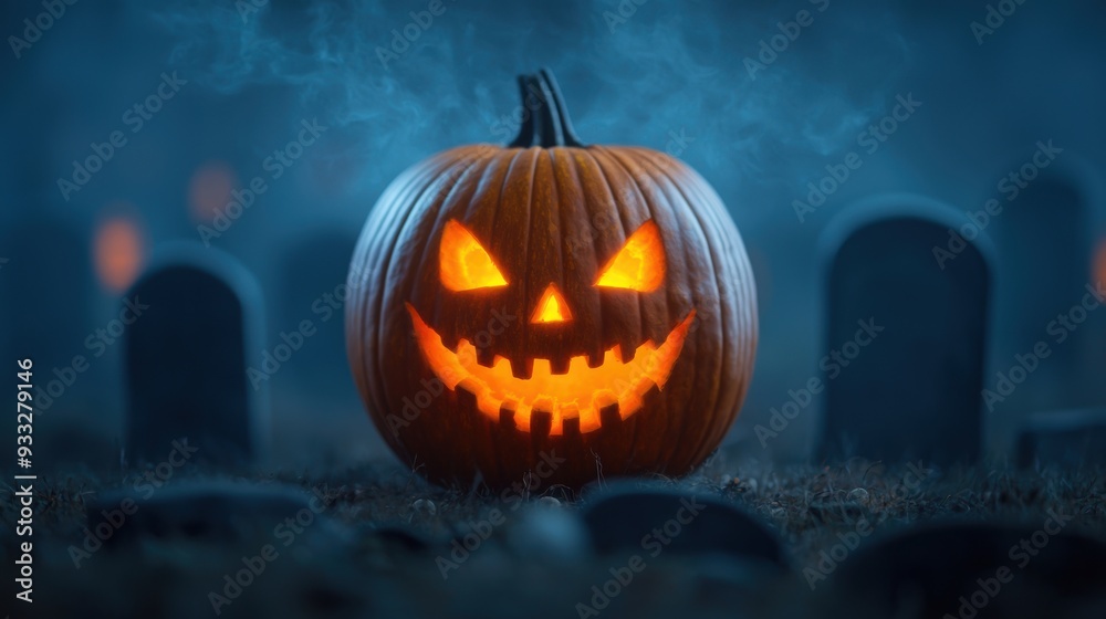 Eerie Ghostly Pumpkin with Fiery Aura in Haunted Graveyard - Halloween Concept with Copy Space, Selective Focus, Ultra HD Eerie Ghostly Pumpkin with Fiery Aura in Haunted Graveyard - Halloween Concept with Copy Space, Selective Focus, Ultra HD