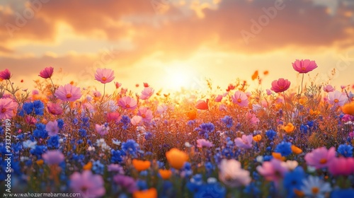 Scenic autumn meadow adorned with vibrant wildflowers during sunset