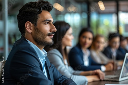 Diverse businesspeople sitting at office desk discussing business project together