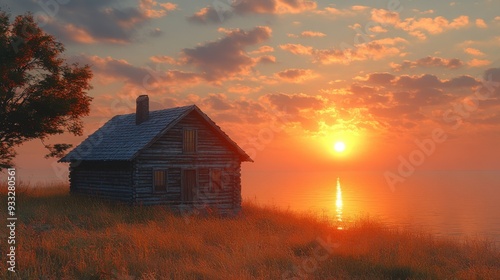 A serene sunset over a lake with a rustic cabin nearby.