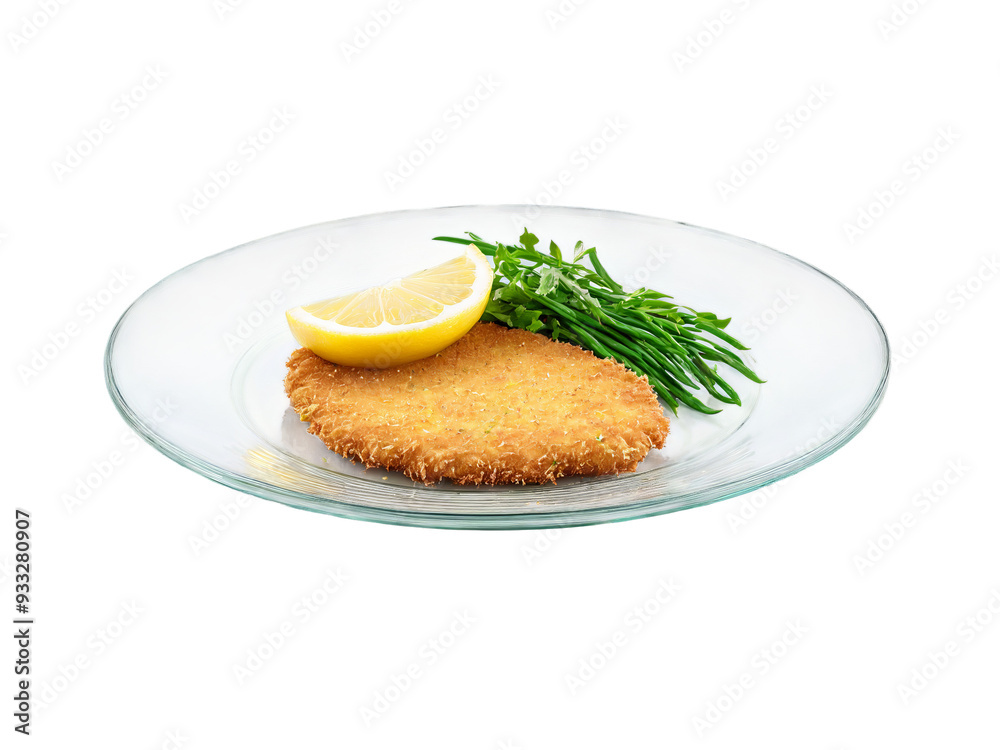 Veal Milanese breaded and fried with a lemon wedge served on a transparent glass plate