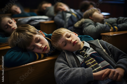 Tired school boys lying and sleeping at desk in classroom during lesson.