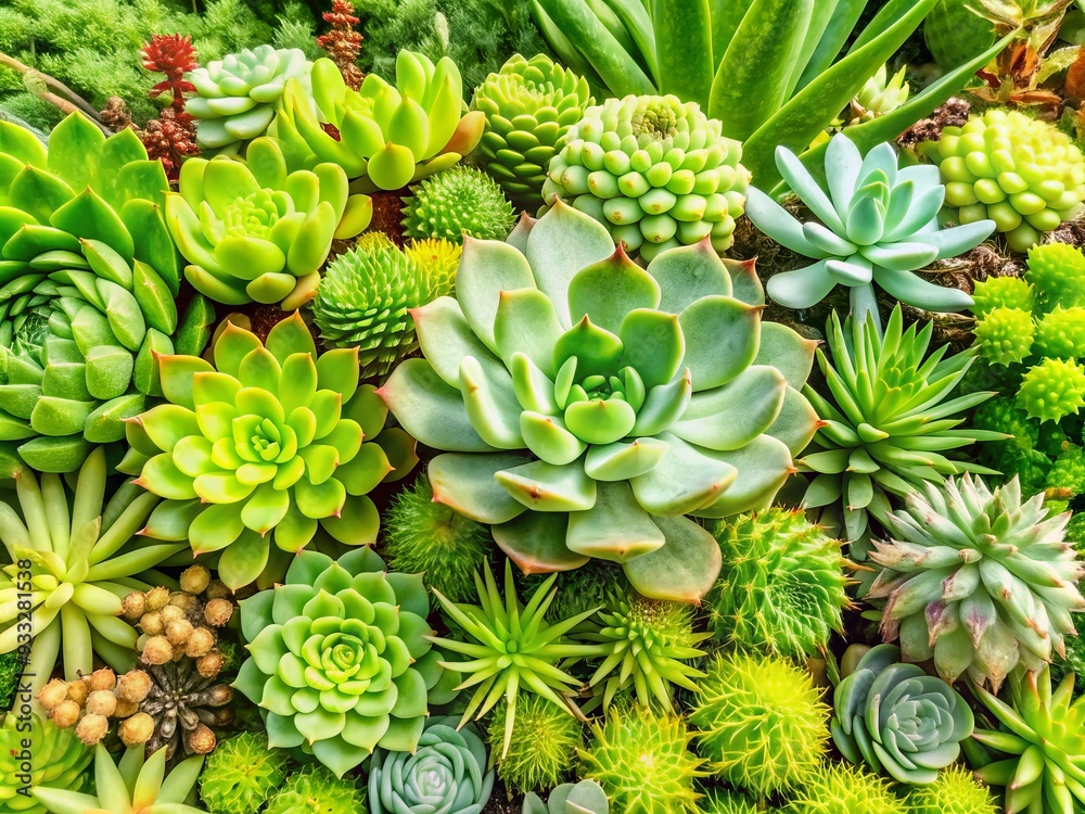 Fototapeta premium Vibrant succulent bed featuring diverse cacti and sedum species in a thriving, drought-tolerant arrangement, perfectly isolated on a transparent background for optimal versatility.