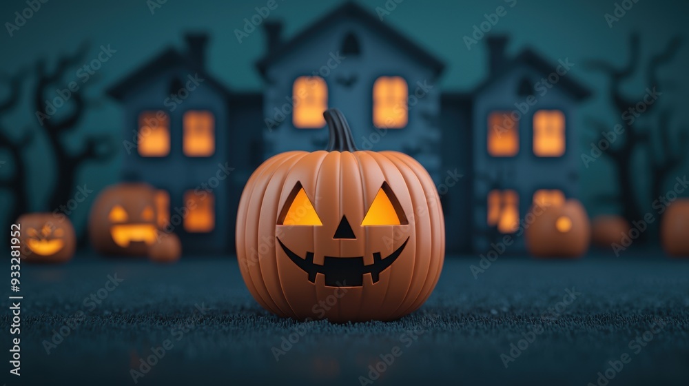 Spooky Pumpkin in Cartoon Haunted House Setting with Copy Space in - Selective Focus on Foreground Spooky Pumpkin in Cartoon Haunted House Setting with Copy Space in - Selective Focus on Foreground