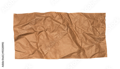 Craft wrapping paper. texture of flat crumpled sheet of cellulose product isolated on white backgound. Old tattered page surface background. Eco-friendly empty aged recyclable packaging