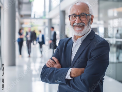 Happy senior businessman with arms crossed, sleek office, business people walking in background, professional photo style.