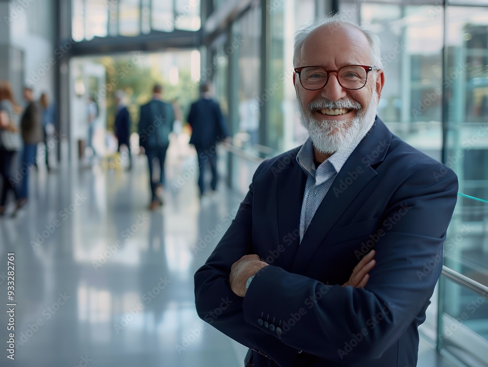 Happy senior businessman with arms crossed, sleek office, business people walking in background, professional photo style.