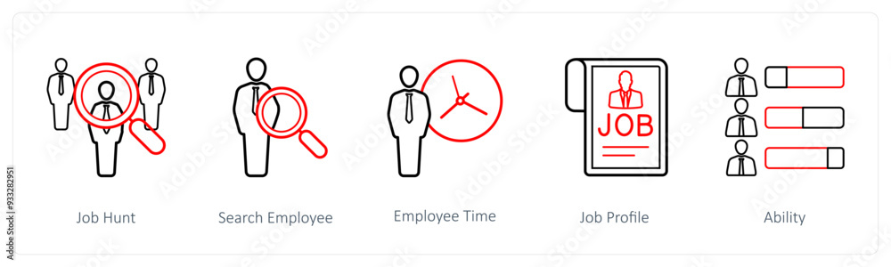 A set of 5 human resource icons such as job hunt, search employee A set of 5 human resource icons such as job hunt, search employee