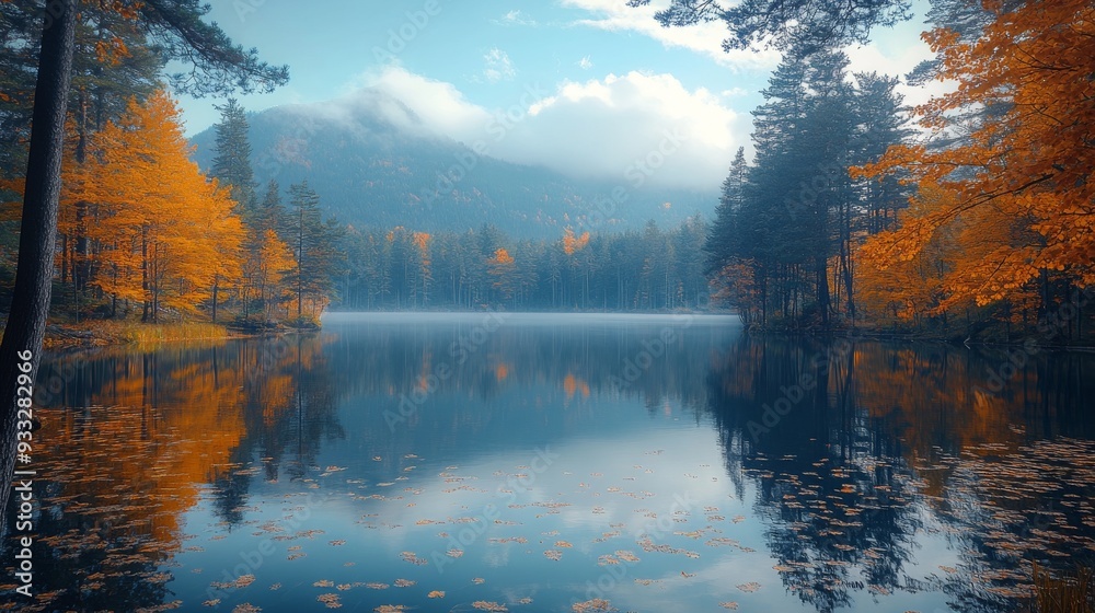 Naklejka premium Scenic mountain lake with autumn reflections under a clear sky