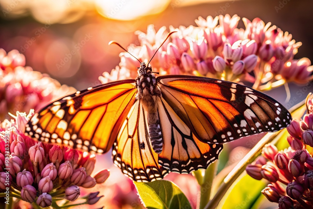 Φωτογραφία Delicate monarch butterfly perches on vibrant pink milkweed flowers, its orange and black wings glowing with soft, warm light of the serene morning sun