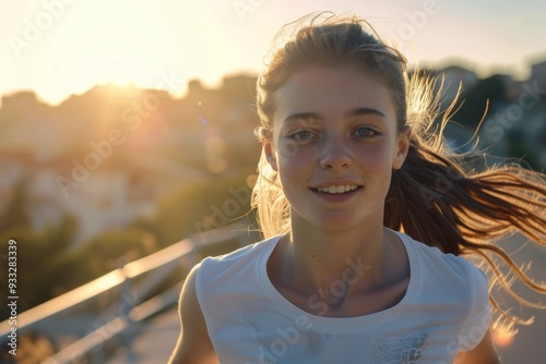 Radiating happiness white girl enjoys dynamic run nature. Teen girl embraces morning glow spirited run. Running headfirst bright future filled positivity and energy.