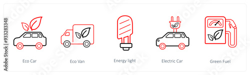A set of 5 weather icons such as eco car, eco van, energy light