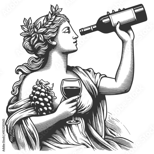 classical woman statue with laurel wreath, holding a glass of wine and grapes, sketch engraving generative ai fictional character vector illustration. Scratch board imitation. Black and white image.