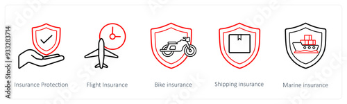 A set of 5 insurance icons such as insurance protection, flight insurance