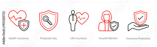 A set of 5 insurance icons such as health insurance, protection key