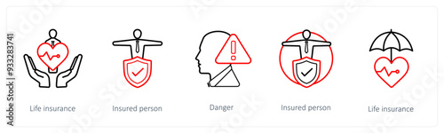 A set of 5 insurance icons such as life insurance, insured person