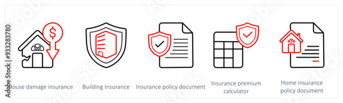 A set of 5 insurance icons such as house damage insurance, building insurance