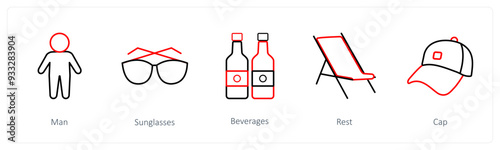 A set of 5 travel and vacation icons such as man, sunglasses, beverages