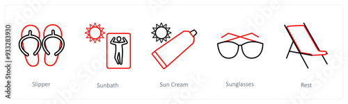 A set of 5 travel and vacation icons such as slipper, sunbath, sun cream