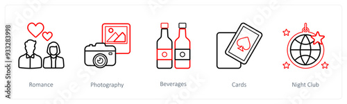 A set of 5 travel and vacation icons such as romance, photography, beverages