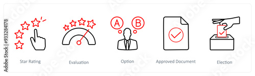A set of 5 survey and ratings icons such as star rating, evaluation
