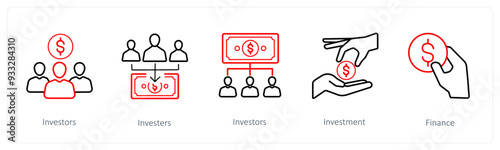 A set of 5 crowdfunding and donation icons such as investors, investment, finance
