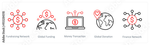 A set of 5 crowdfunding and donation icons such as fundraising network, global funding