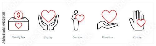 A set of 5 crowdfunding and donation icons such as charity box, charity