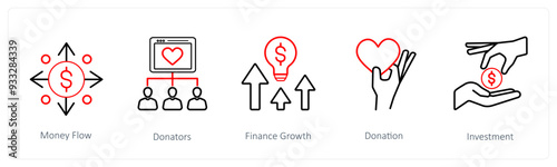 A set of 5 crowdfunding and donation icons such as money flow, donors, donators