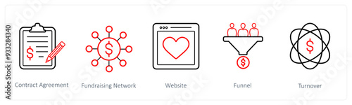 A set of 5 crowdfunding and donation icons such as contract agreement, fundraising network