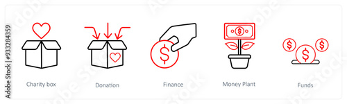 A set of 5 crowdfunding and donation icons such as charity box, donation