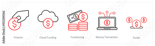 A set of 5 crowdfunding and donation icons such as finance, cloud funding