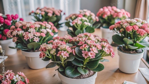 Wallpaper Mural Vibrant Kalanchoe Blossfeldiana plants with delicate pink flowers sit on a table, adding a touch of elegance and serenity to the bright, airy room surroundings. Torontodigital.ca