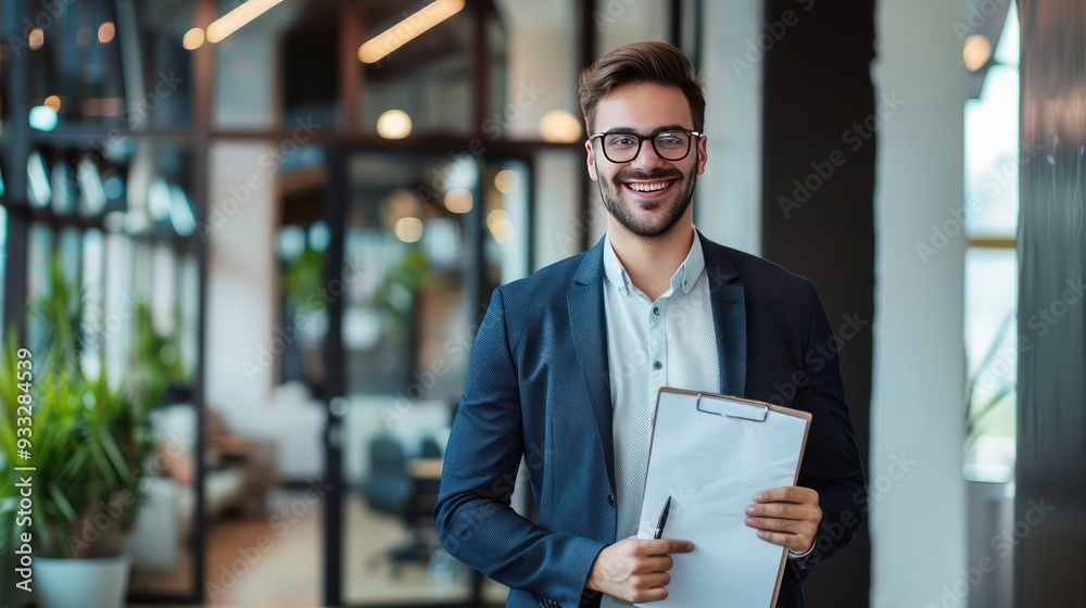 Happy young businessman, glasses on, holding document, smiling in modern office. Happy young businessman, glasses on, holding document, smiling in modern office.