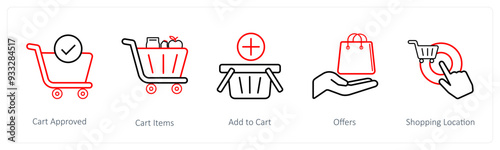 A set of 5 ecommerce and shopping icons such as cart approved, cart items