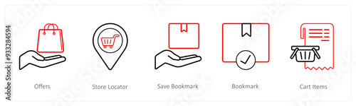A set of 5 ecommerce and shopping icons such as offers, store locator, save bookmark