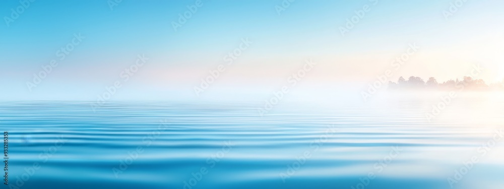 Obraz premium A large body of water with trees on a distant hill and a vivid blue sky behind
