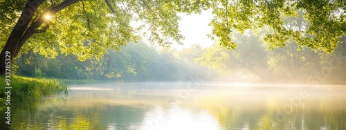  The sun brightly shines through trees, casting light over a body of water A solitary tree stands in the foreground, while grass blankets the land up front