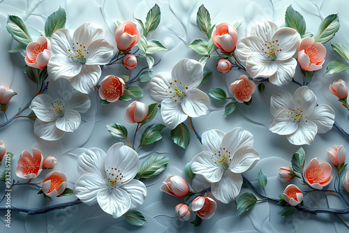 A sophisticated 3D mural illustration with a floral arrangement on a white background, set against a rich wallpaper pattern.