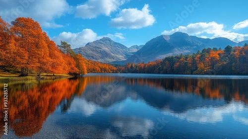 Autumn reflections on a tranquil mountain lake surrounded by vibrant foliage