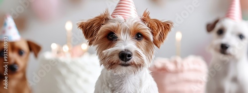  A tight shot of a dog donning a birthday hat, surrounded by other dogs in the background Candles visible in the backdrop photo